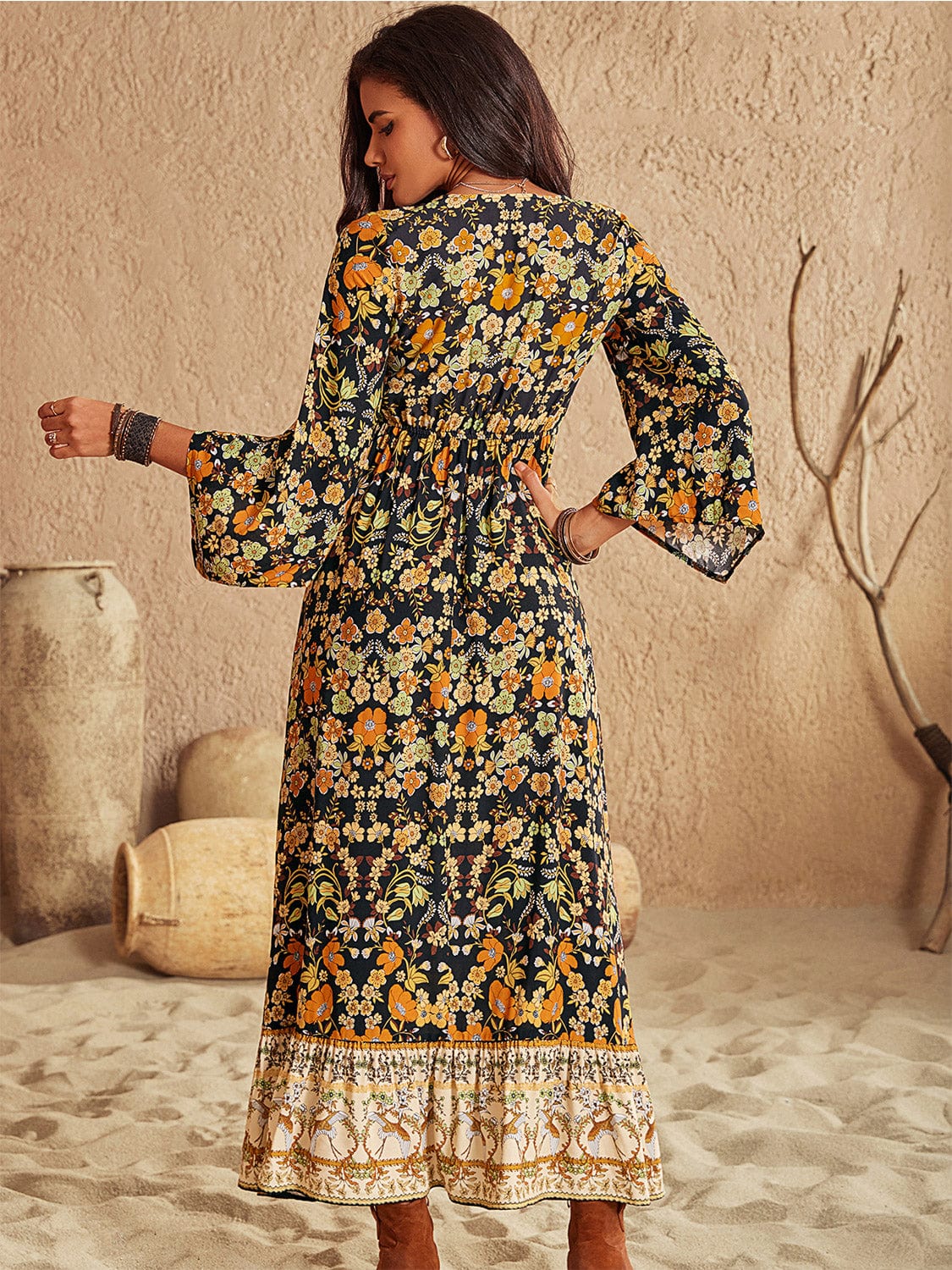 Floral V - Neck Midi Dress - ShalayeFashion