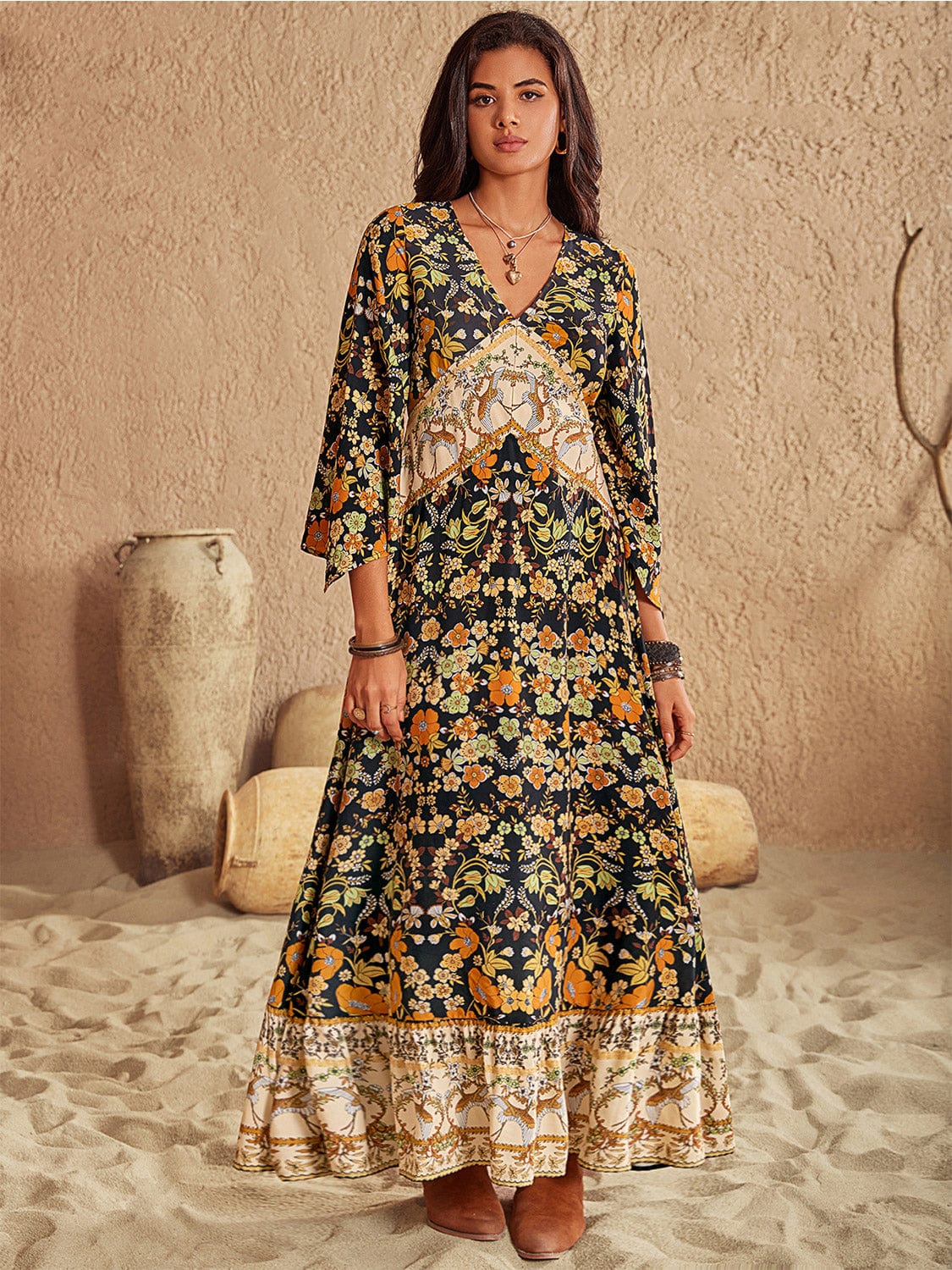 Floral V - Neck Midi Dress - ShalayeFashion