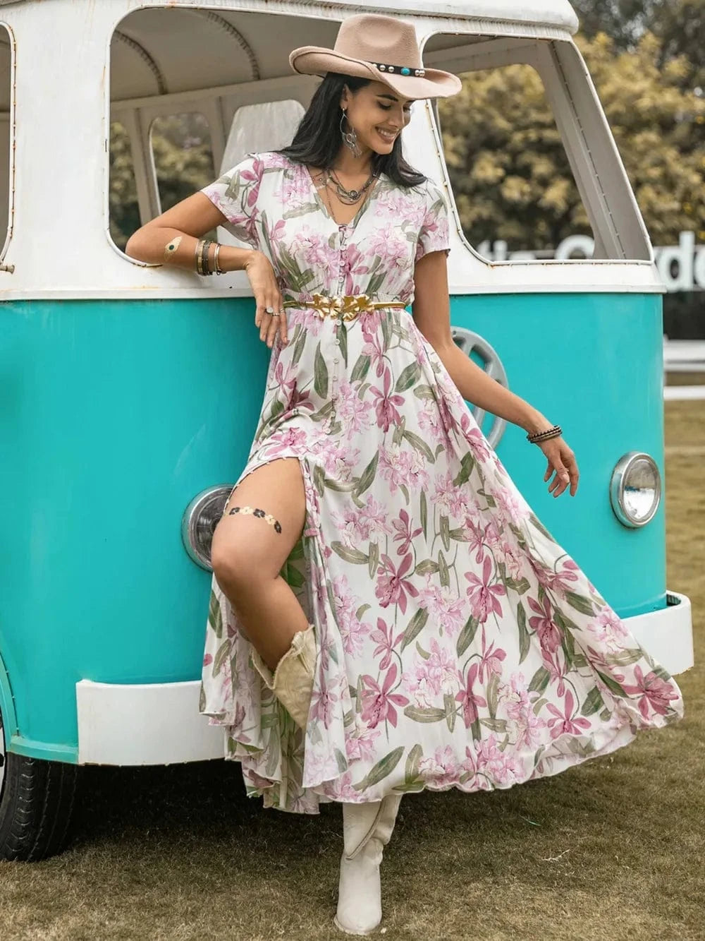 Floral V - Neck Slit Dress - ShalayeFashion