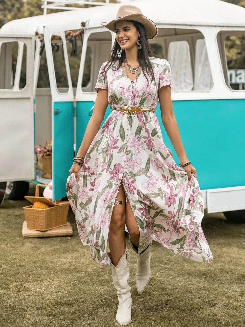 Floral V - Neck Slit Dress - ShalayeFashion