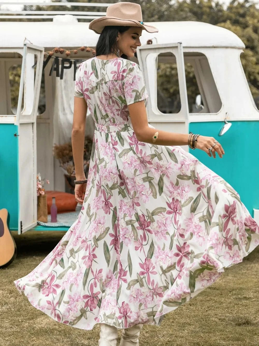 Floral V - Neck Slit Dress - ShalayeFashion