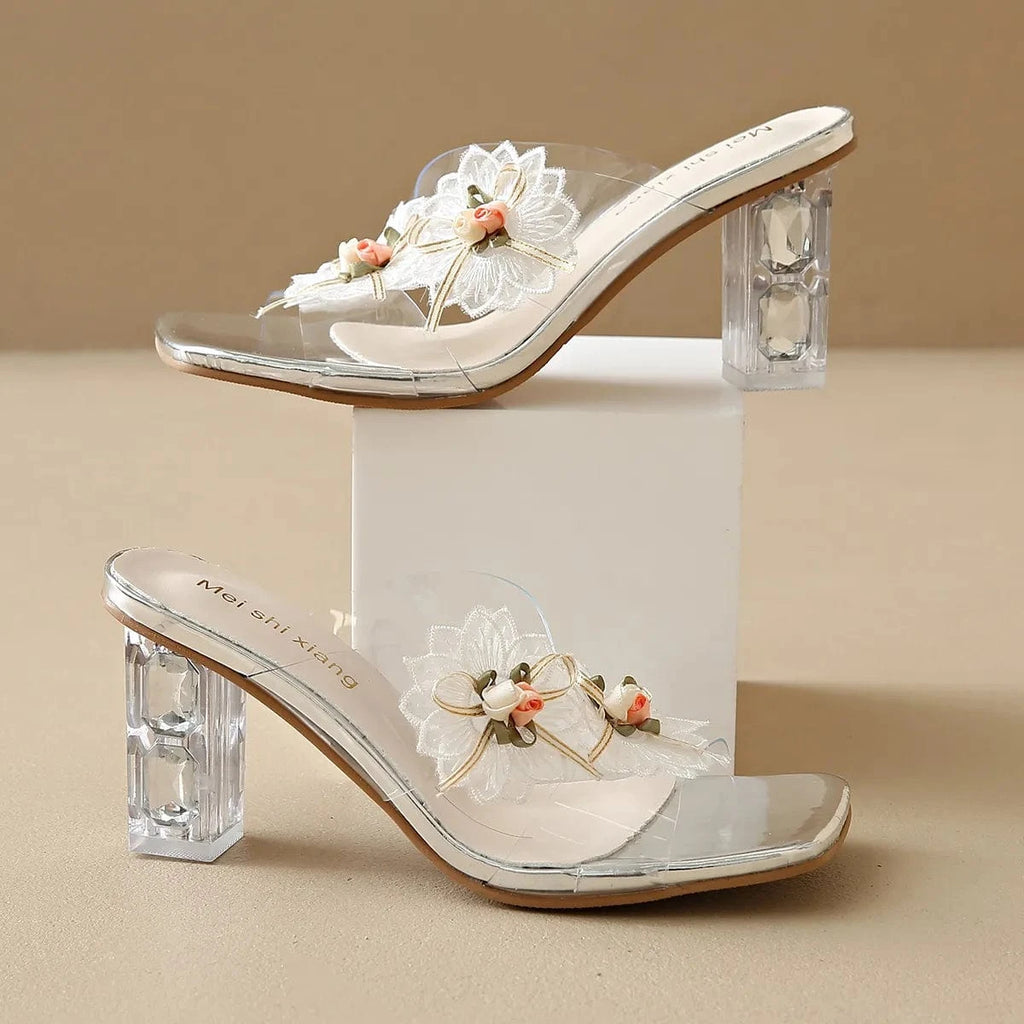 Flower Clear Block Heel Sandals - ShalayeFashion