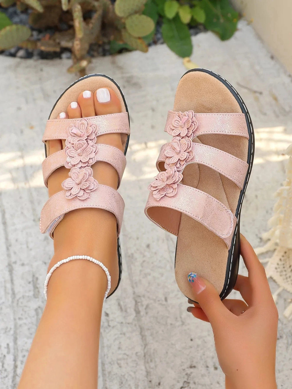 Flower Multi - Strap Flat Sandals - ShalayeFashion