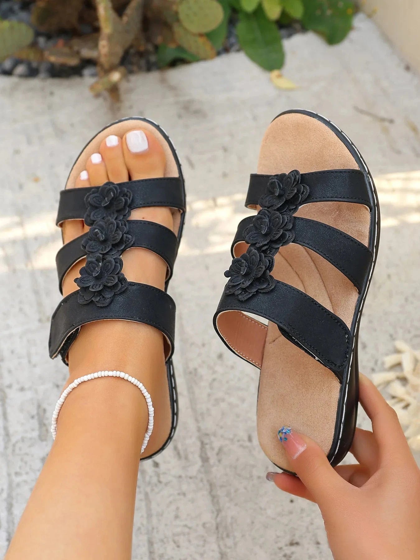 Flower Multi - Strap Flat Sandals - ShalayeFashion