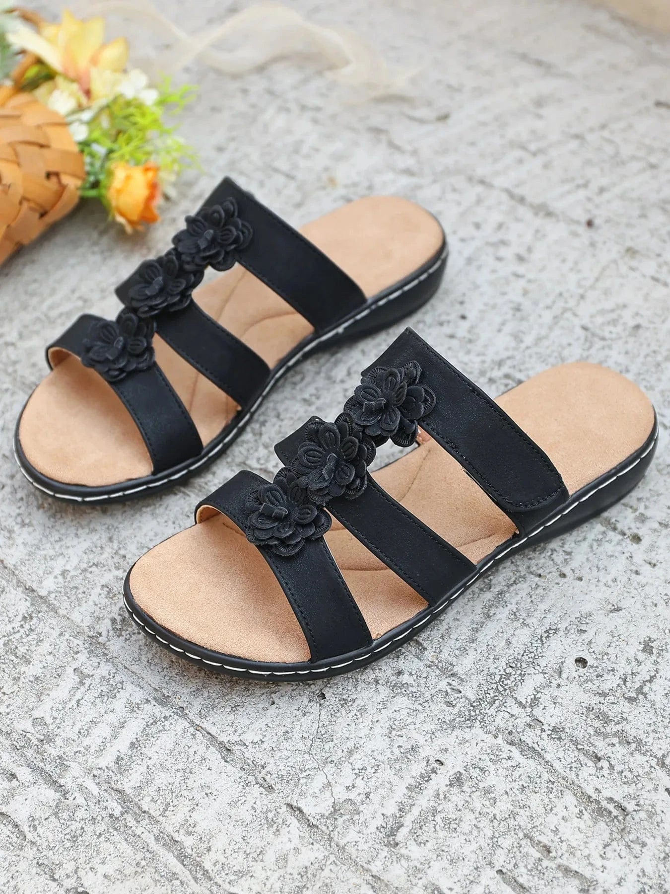 Flower Multi - Strap Flat Sandals - ShalayeFashion