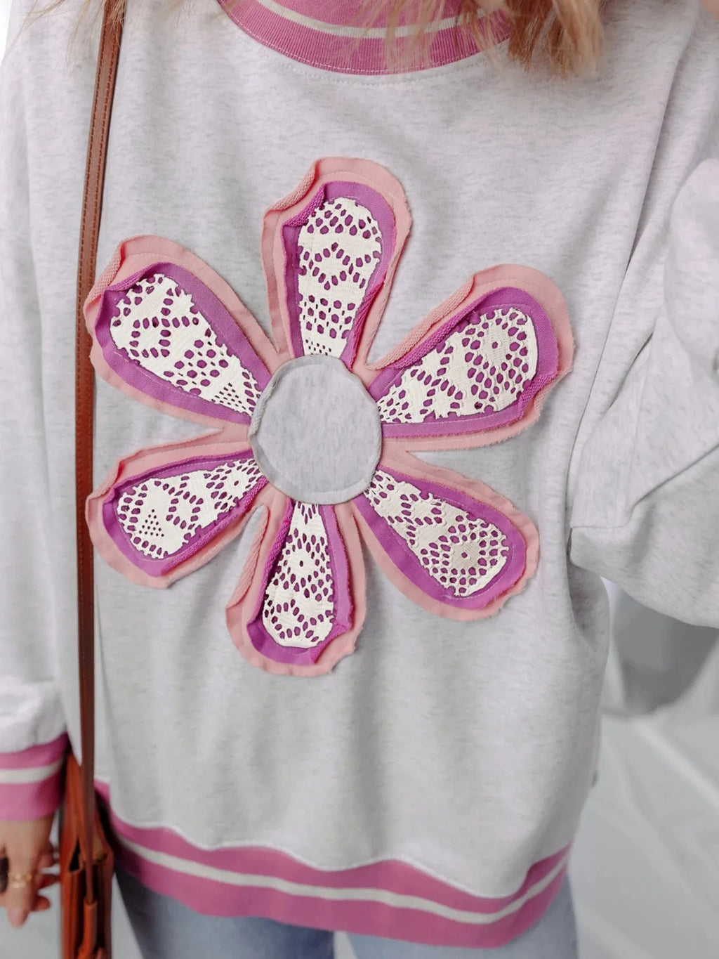 Flower Patch Contrast Trim Crew Neck Sweatshirt - ShalayeFashion