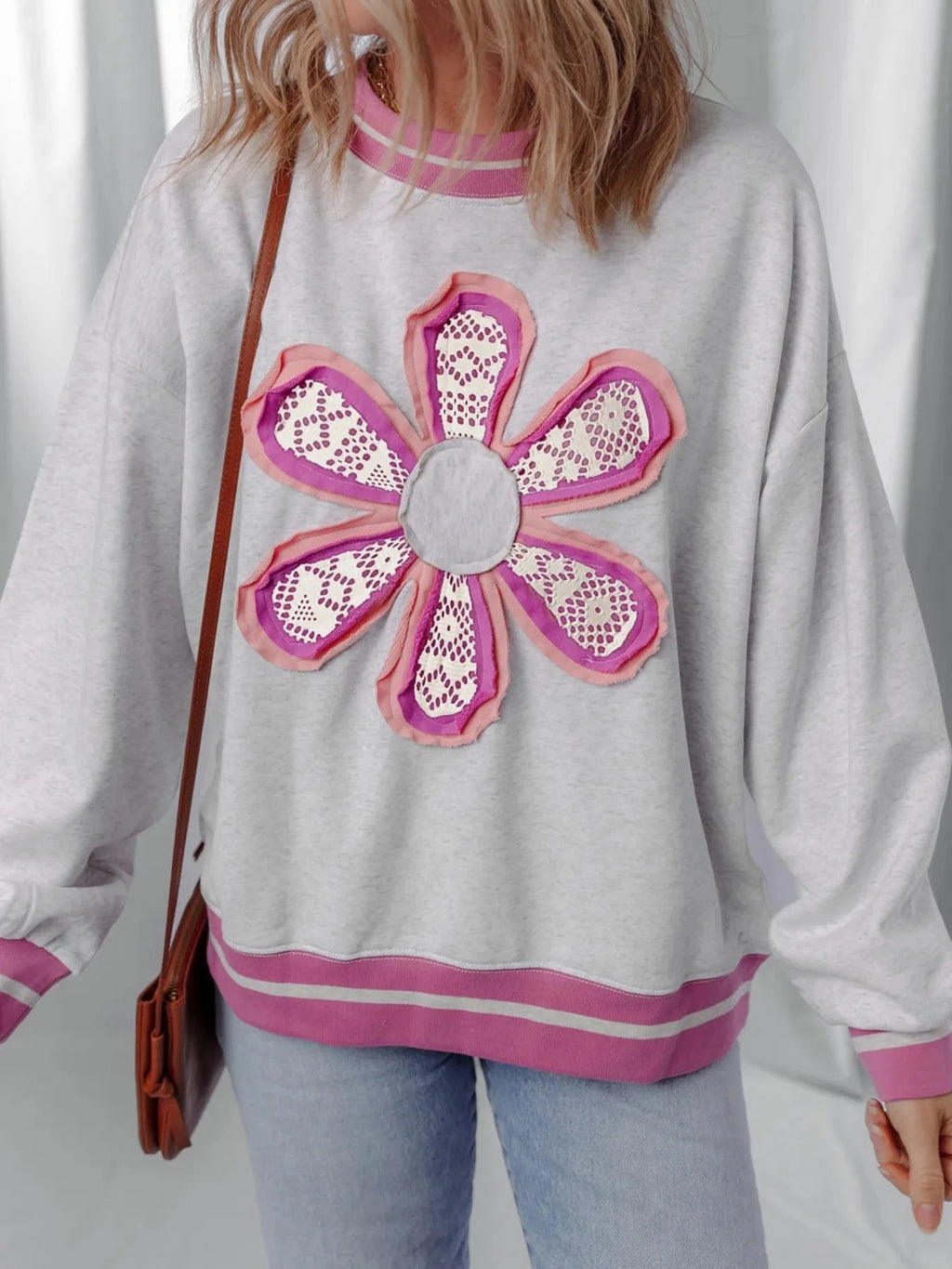 Flower Patch Contrast Trim Crew Neck Sweatshirt - ShalayeFashion