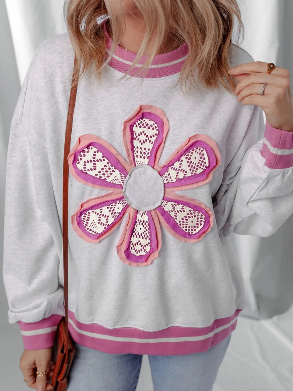Flower Patch Contrast Trim Crew Neck Sweatshirt - ShalayeFashion