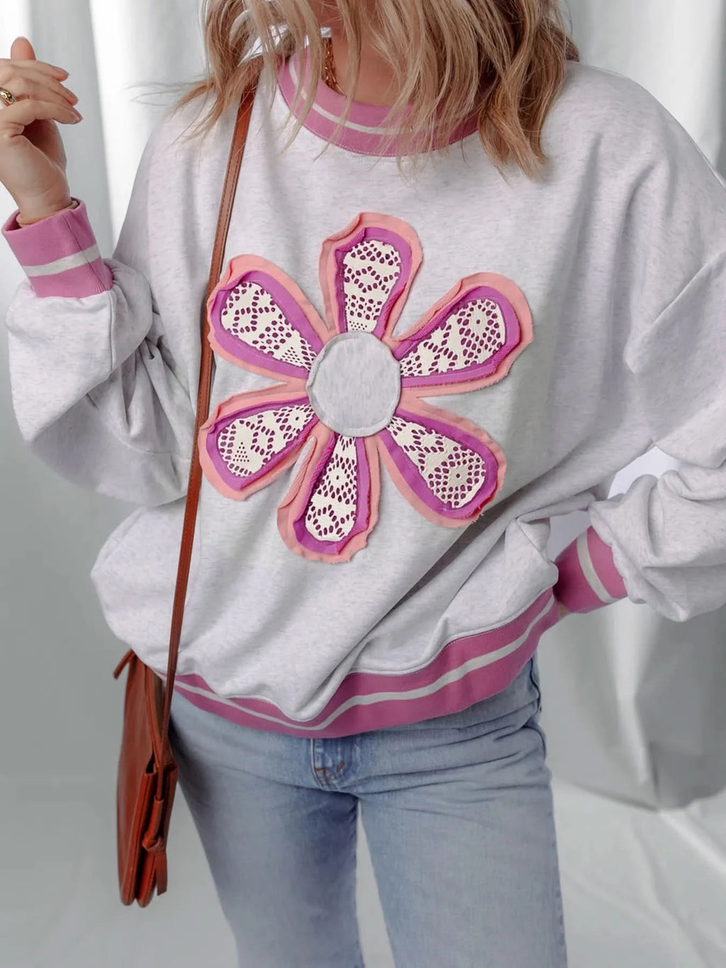 Flower Patch Contrast Trim Crew Neck Sweatshirt - ShalayeFashion