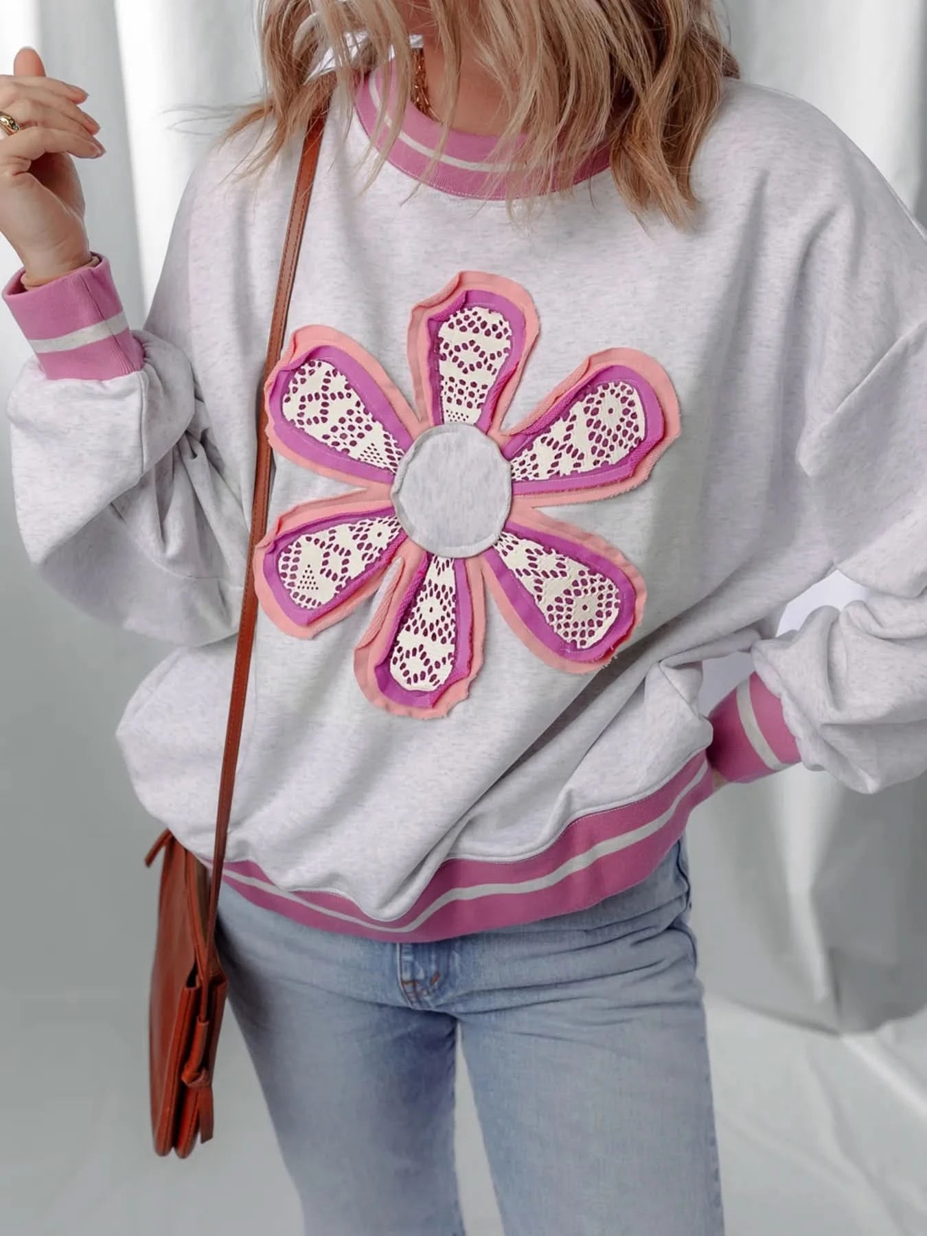 Flower Patch Contrast Trim Crew Neck Sweatshirt - ShalayeFashion