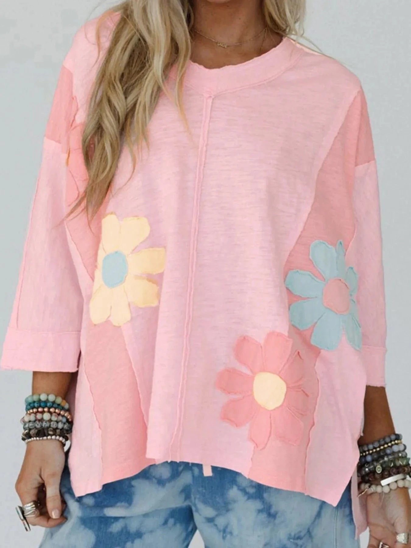 Flower Patched Exposed Seam Oversized T Shirt - ShalayeFashion