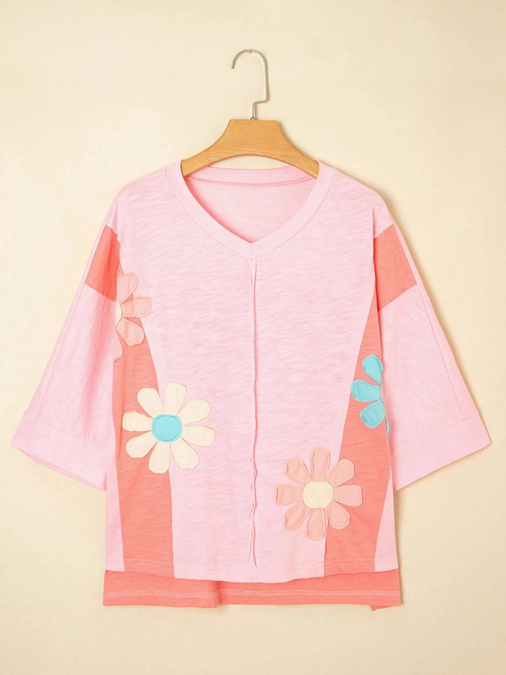 Flower Patched Exposed Seam Oversized T Shirt - ShalayeFashion