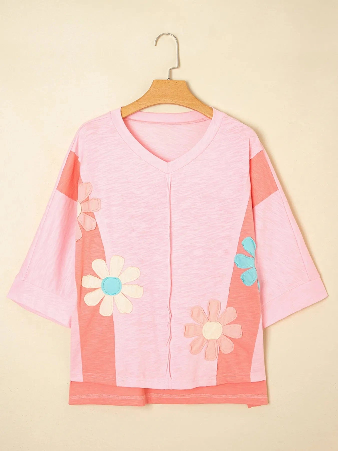 Flower Patched Exposed Seam Oversized T Shirt - ShalayeFashion
