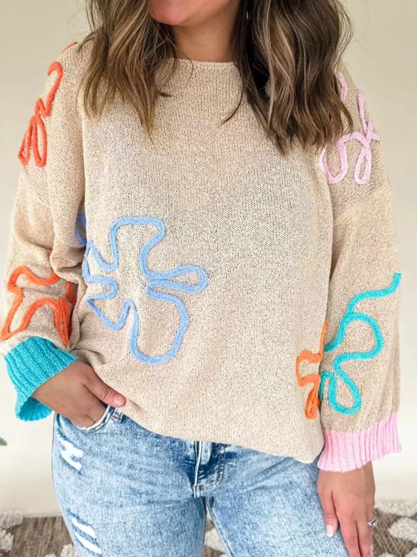Flower Round Neck Drop Shoulder Sweater - ShalayeFashion