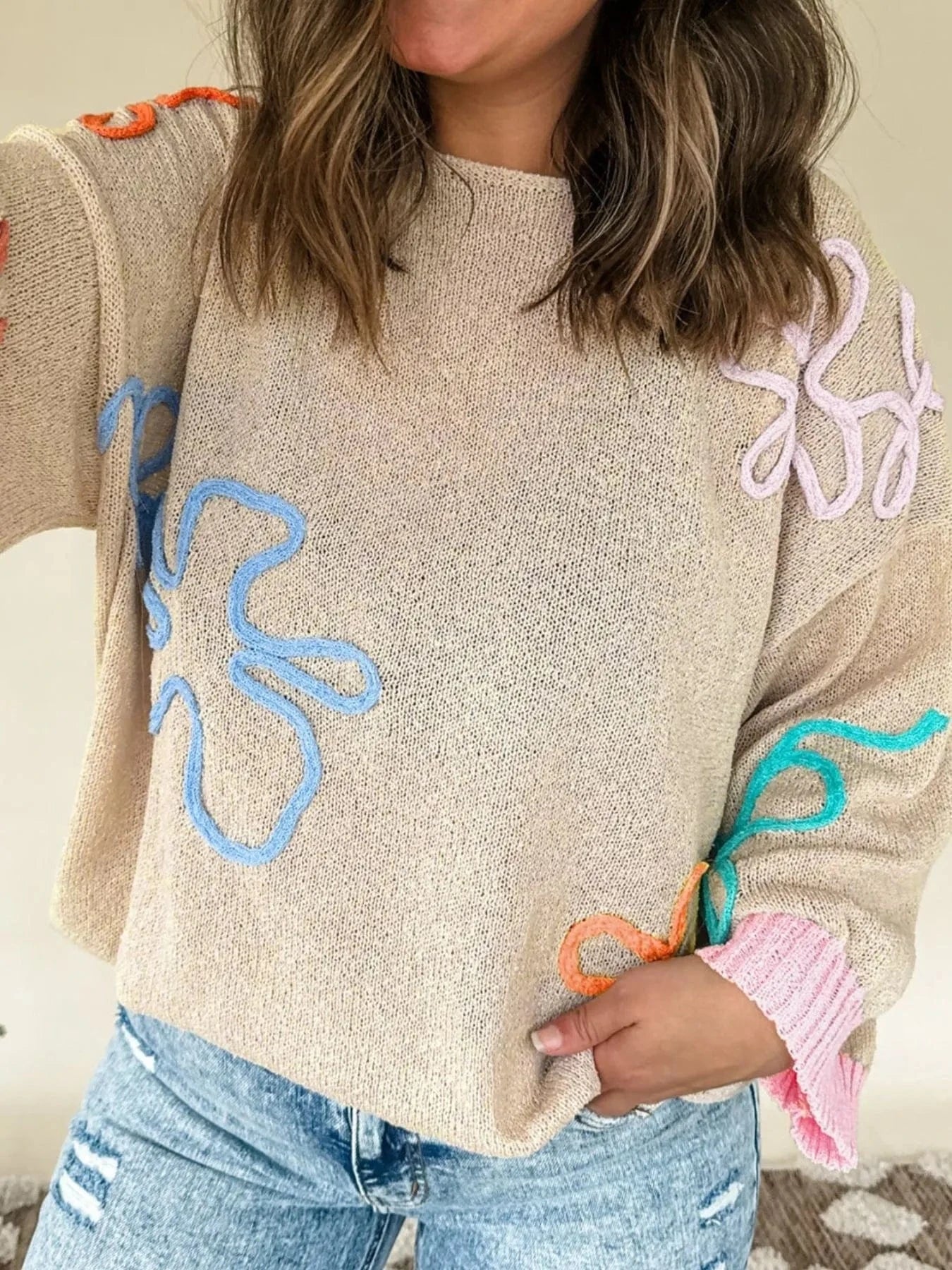 Flower Round Neck Drop Shoulder Sweater - ShalayeFashion