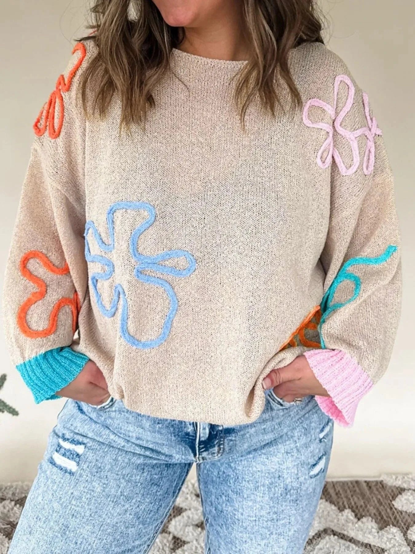 Flower Round Neck Drop Shoulder Sweater - ShalayeFashion