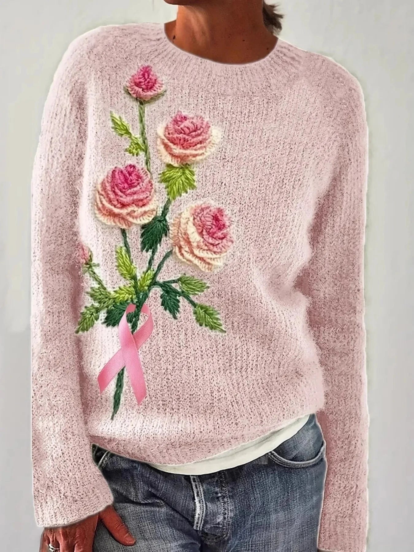 Flower Round Neck Long Sleeve Sweater - ShalayeFashion