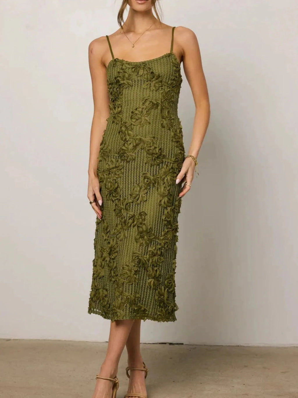 Flower Textured Midi Cami Dress - ShalayeFashion