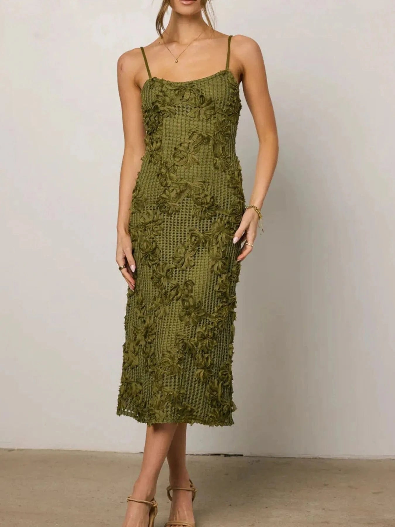 Flower Textured Midi Cami Dress - ShalayeFashion