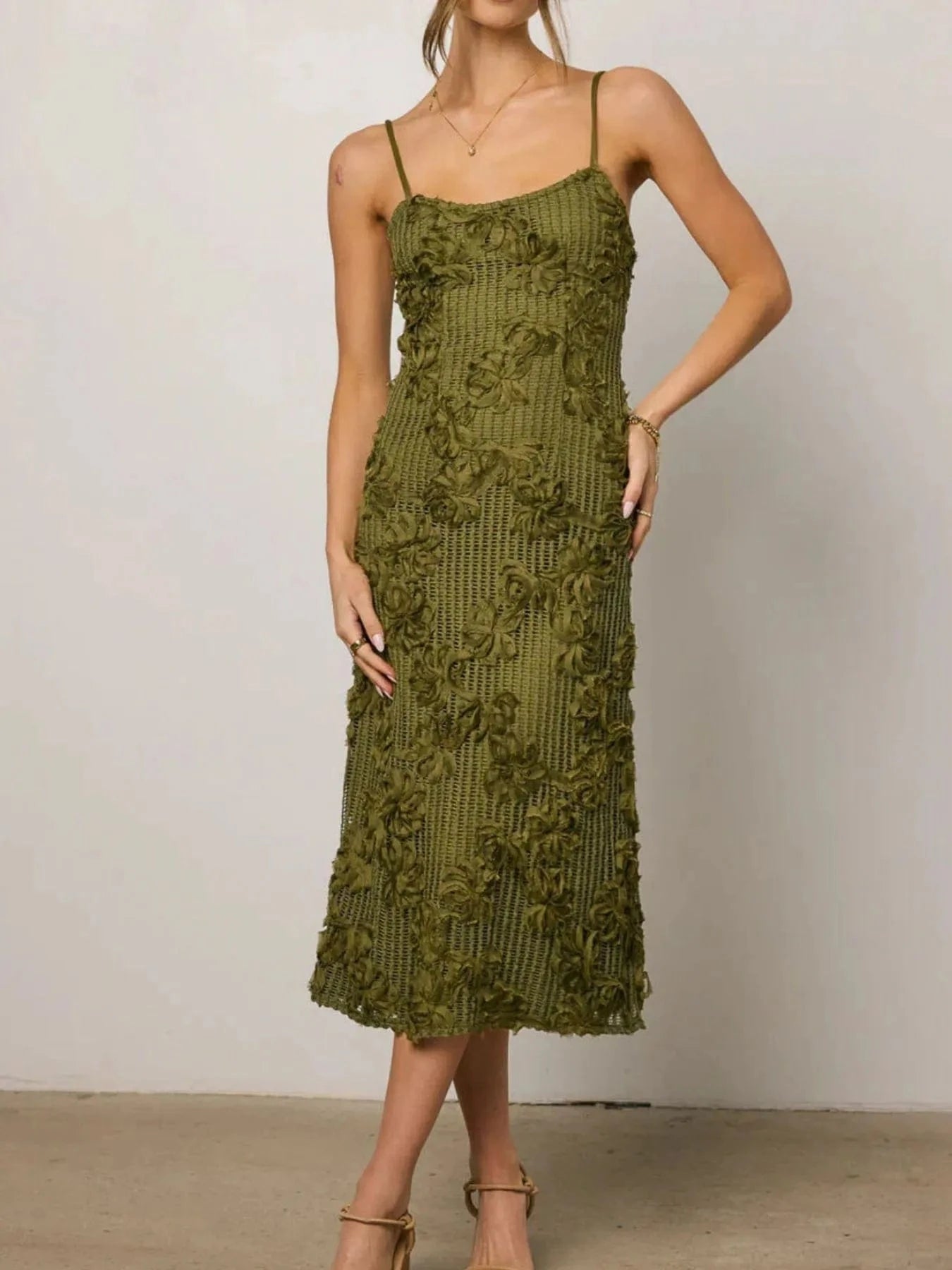 Flower Textured Midi Cami Dress - ShalayeFashion
