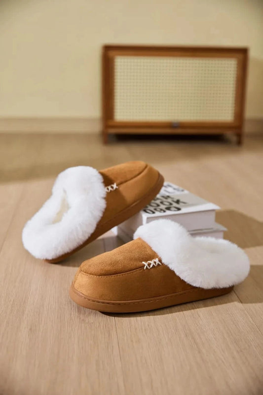 Fluff Trim Round Toe Flat Slippers - ShalayeFashion