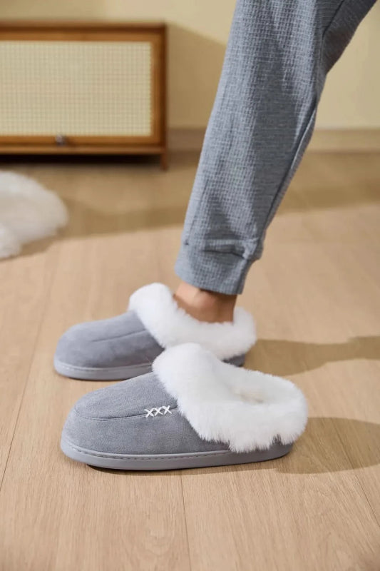 Fluff Trim Round Toe Flat Slippers - ShalayeFashion