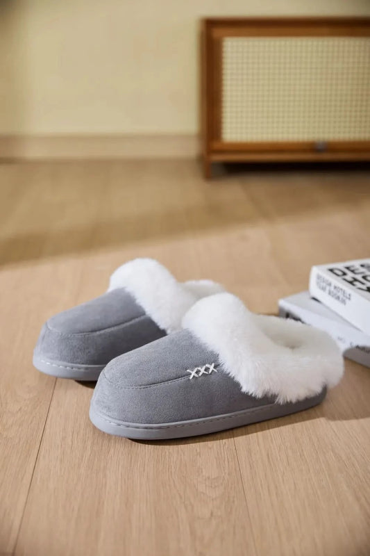 Fluff Trim Round Toe Flat Slippers - ShalayeFashion