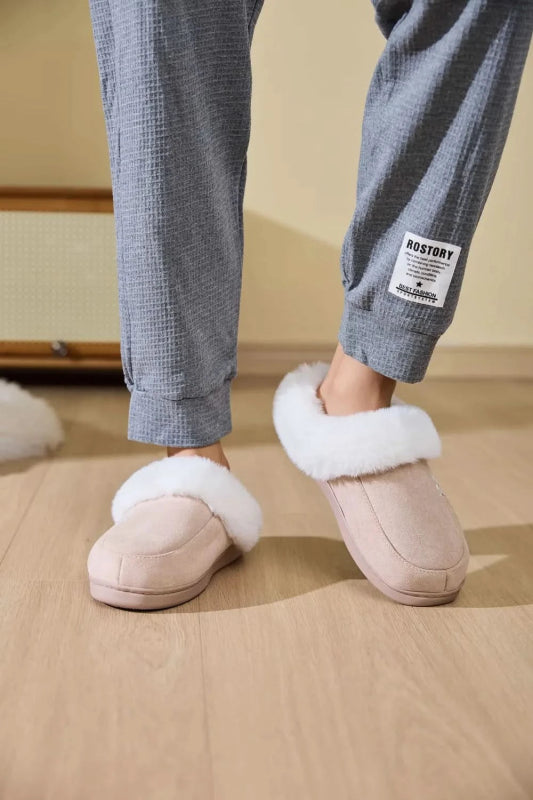 Fluff Trim Round Toe Flat Slippers - ShalayeFashion