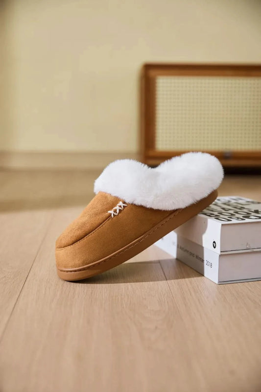 Fluff Trim Round Toe Flat Slippers - ShalayeFashion
