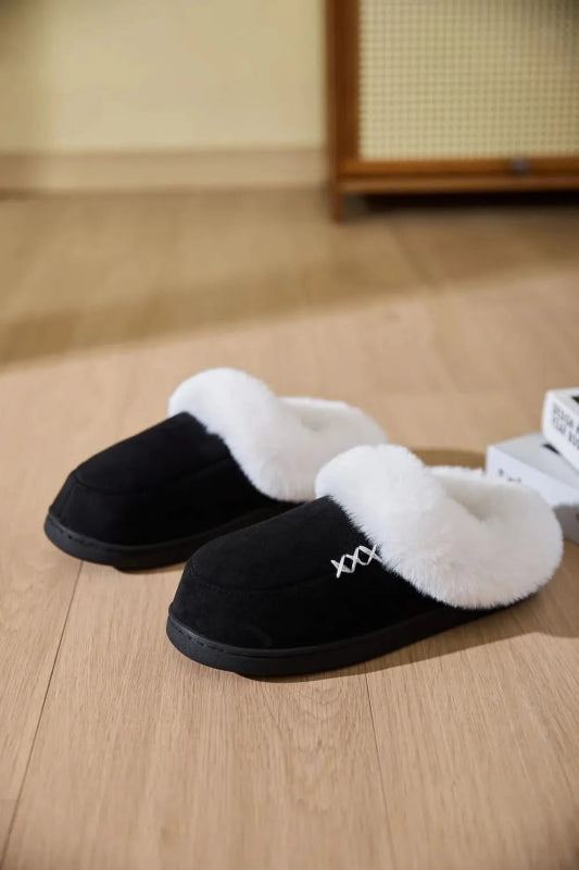 Fluff Trim Round Toe Flat Slippers - ShalayeFashion