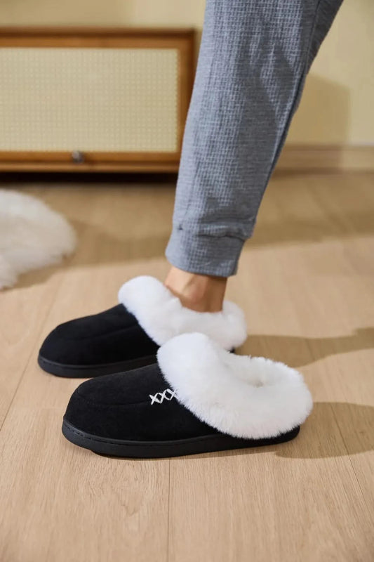 Fluff Trim Round Toe Flat Slippers - ShalayeFashion