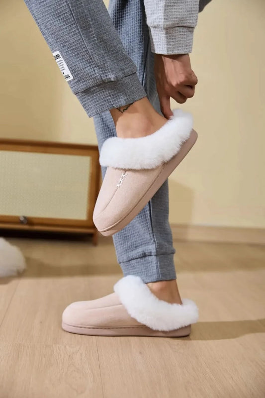 Fluff Trim Round Toe Flat Slippers - ShalayeFashion