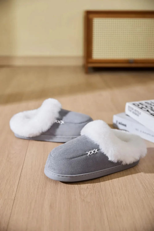 Fluff Trim Round Toe Flat Slippers - ShalayeFashion