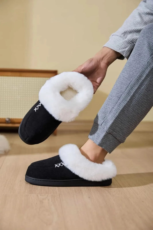 Fluff Trim Round Toe Flat Slippers - ShalayeFashion