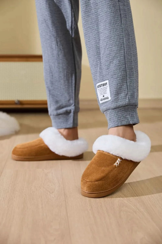 Fluff Trim Round Toe Flat Slippers - ShalayeFashion