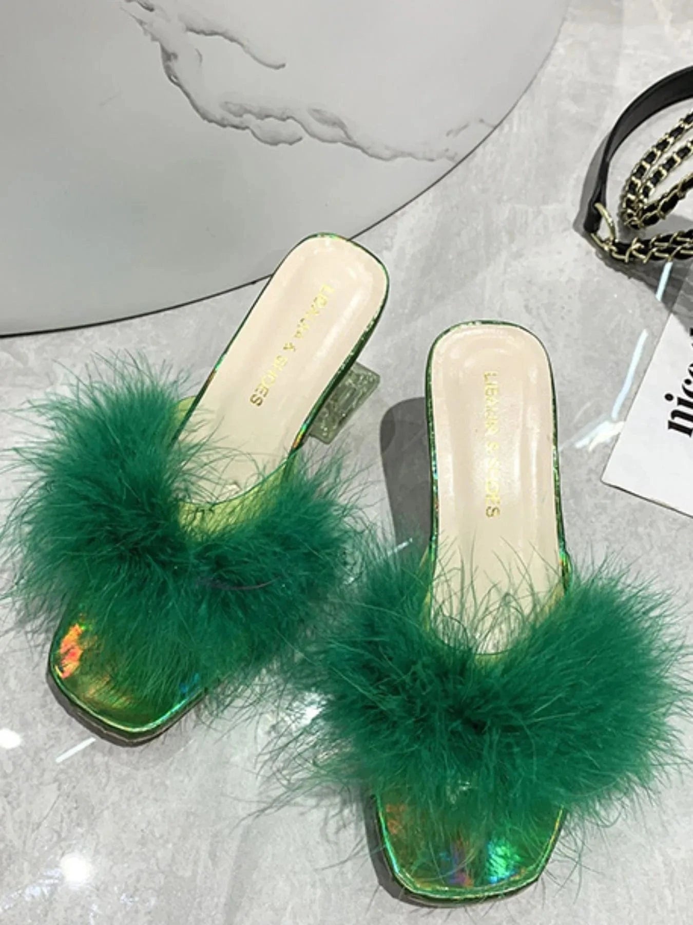 Fluffy Strap Block Heel Sandals - ShalayeFashion