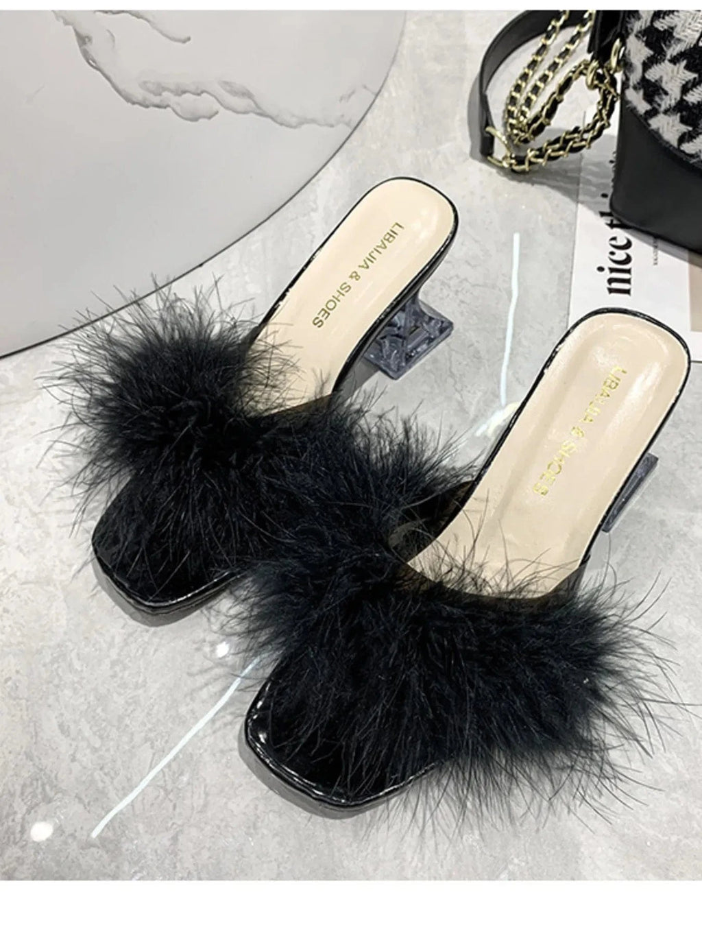 Fluffy Strap Block Heel Sandals - ShalayeFashion