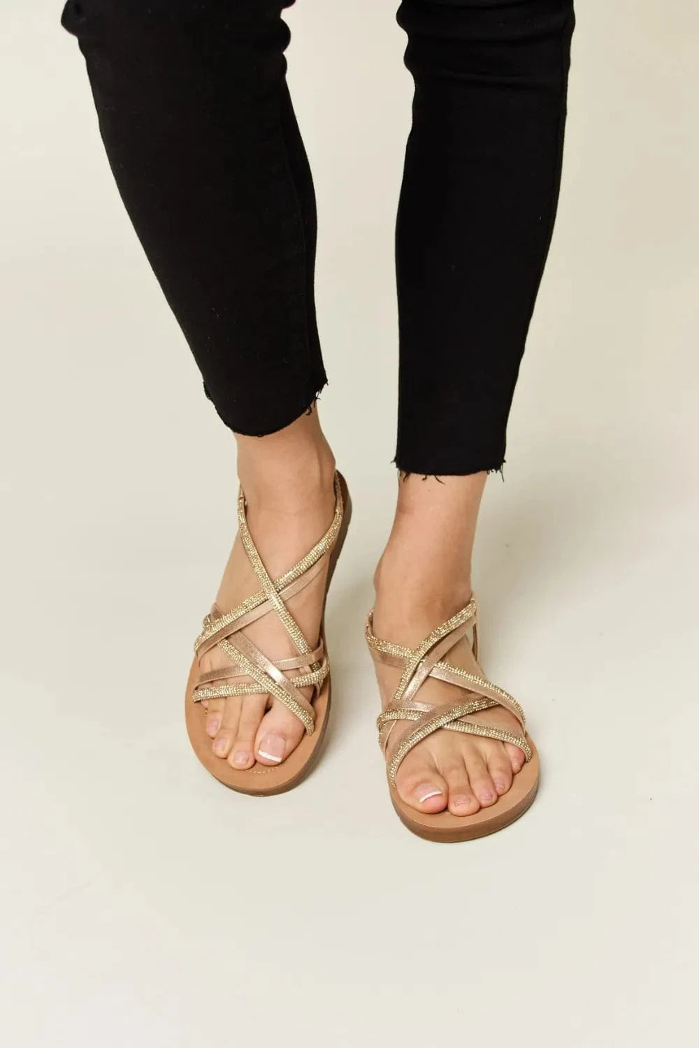 Forever Link Rhinestone Crisscross Flat Sandals - ShalayeFashion