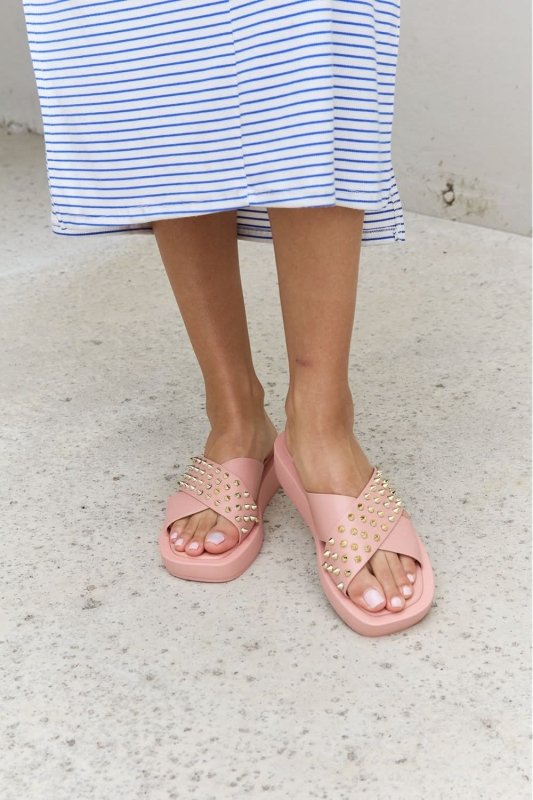 Forever Link Studded Cross Strap Sandals in Blush - ShalayeFashion