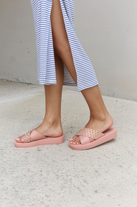 Forever Link Studded Cross Strap Sandals in Blush - ShalayeFashion