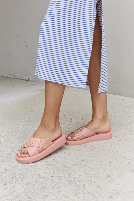 Forever Link Studded Cross Strap Sandals in Blush - ShalayeFashion