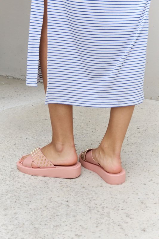 Forever Link Studded Cross Strap Sandals in Blush - ShalayeFashion