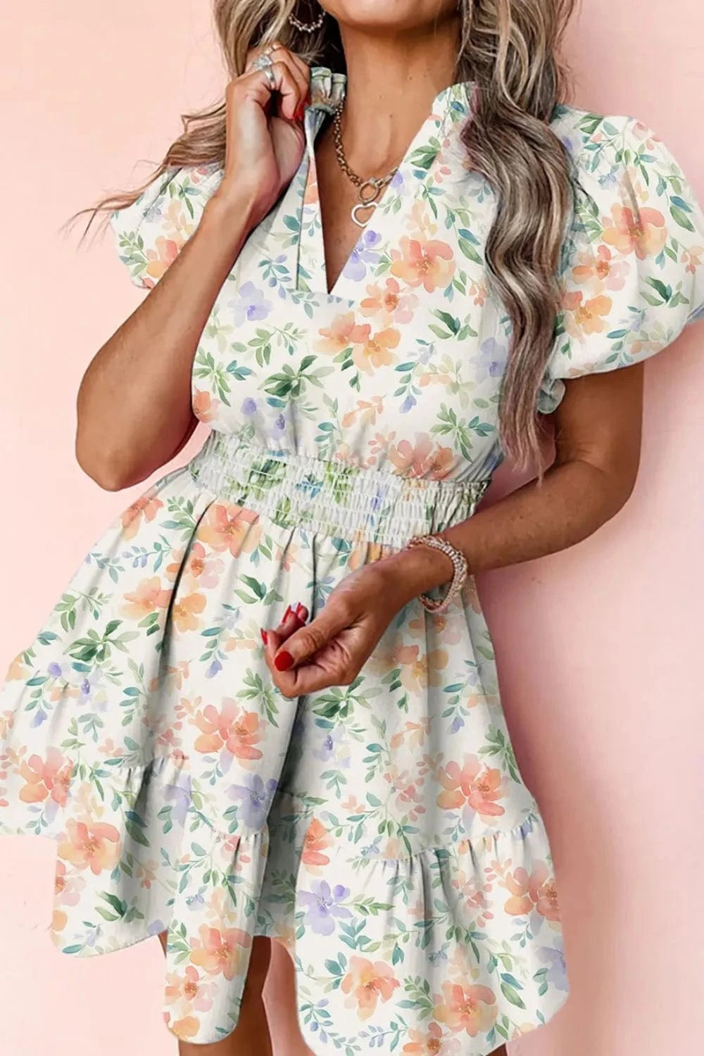 Frill Notched Puff Sleeve Dress - ShalayeFashion