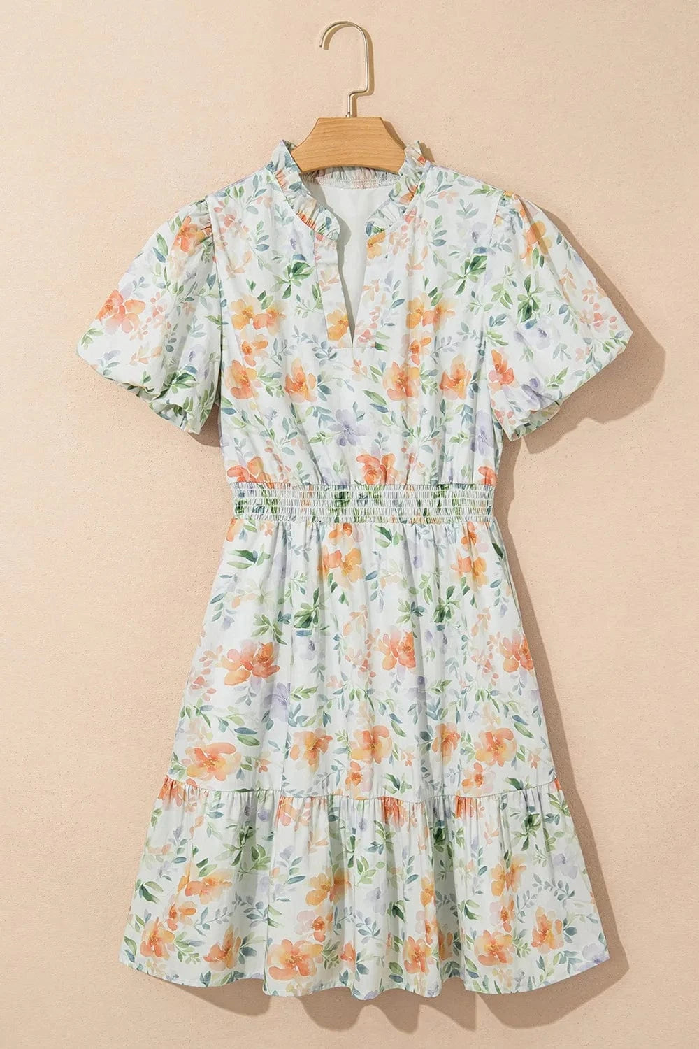 Frill Notched Puff Sleeve Dress - ShalayeFashion