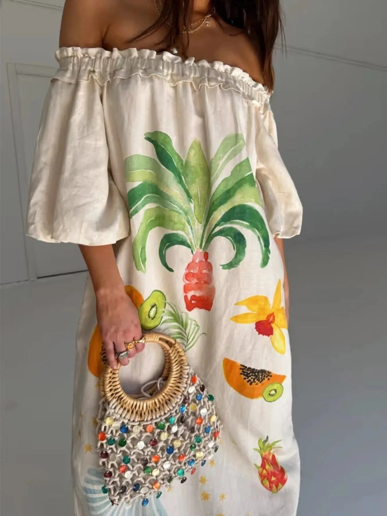 Frill Printed Off - Shoulder Dress - ShalayeFashion