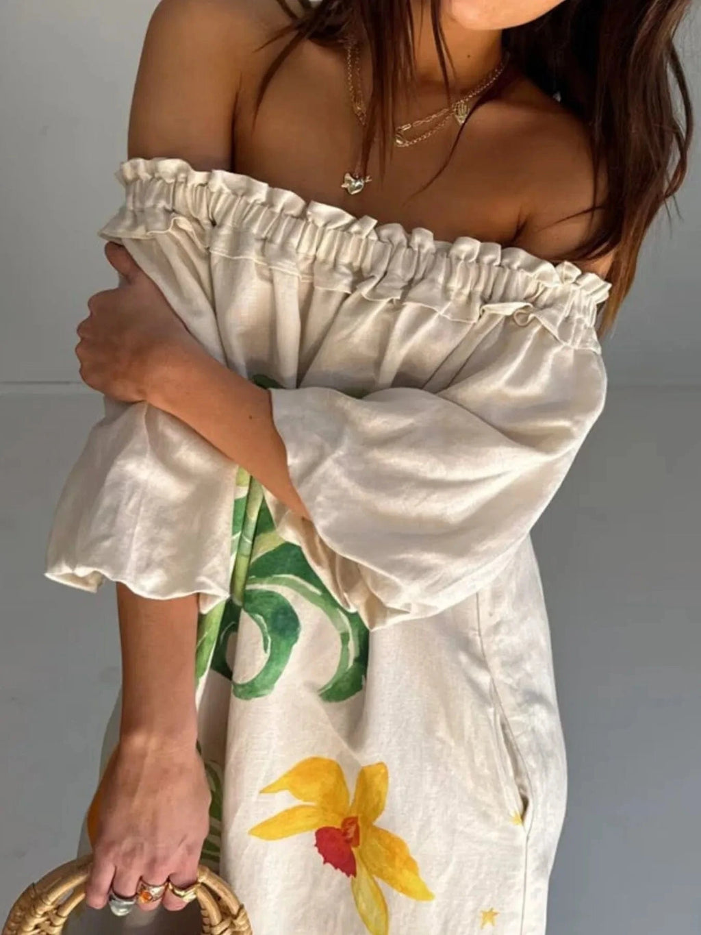 Frill Printed Off - Shoulder Dress - ShalayeFashion