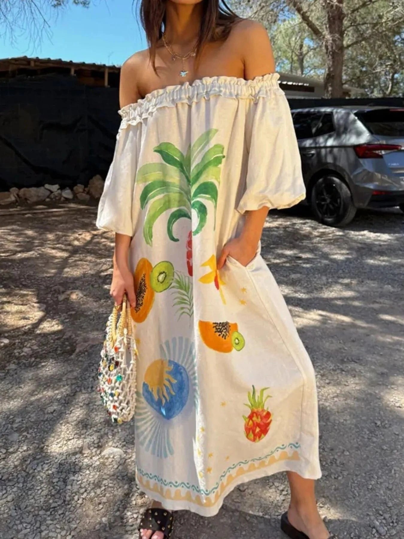 Frill Printed Off - Shoulder Dress - ShalayeFashion