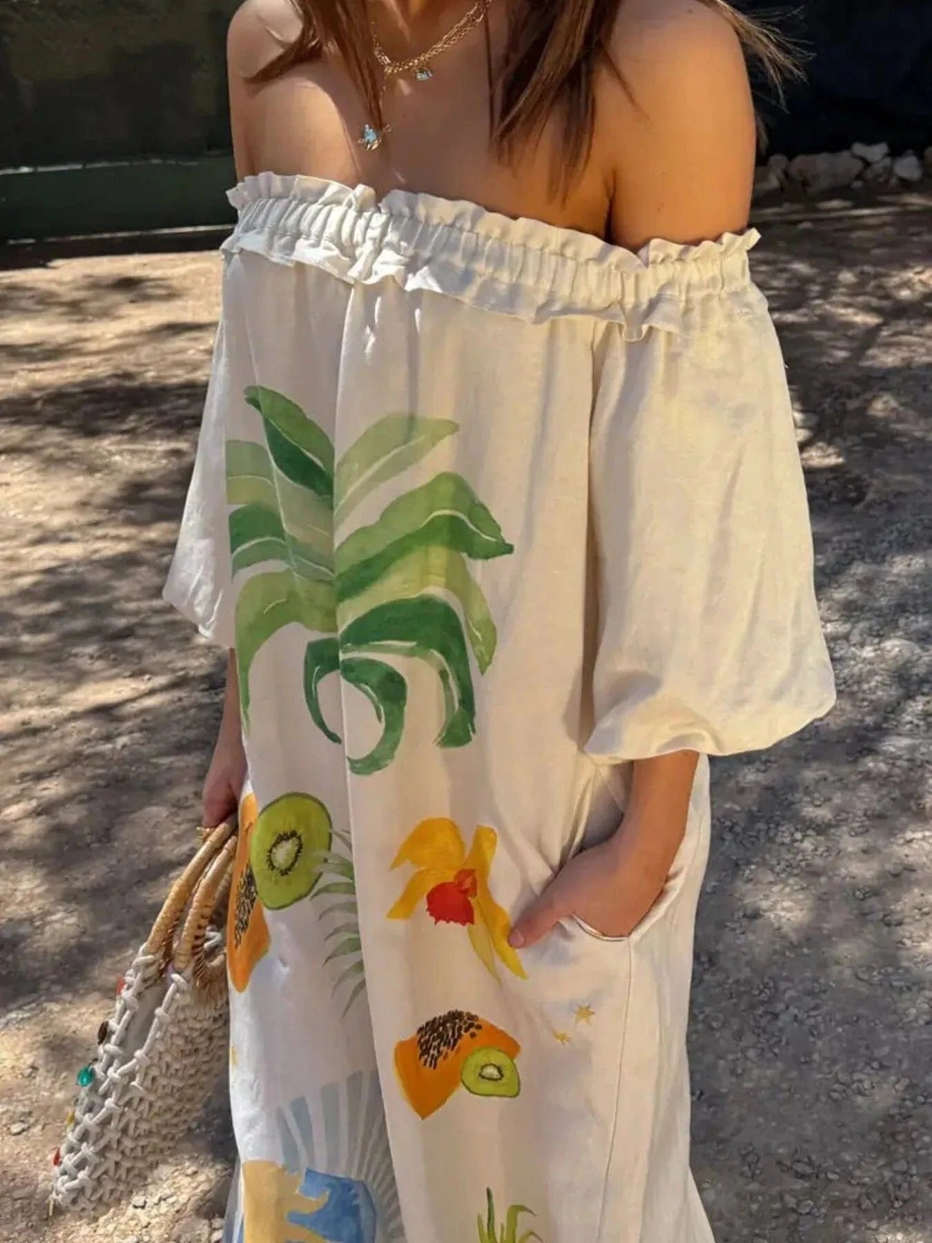 Frill Printed Off - Shoulder Dress - ShalayeFashion