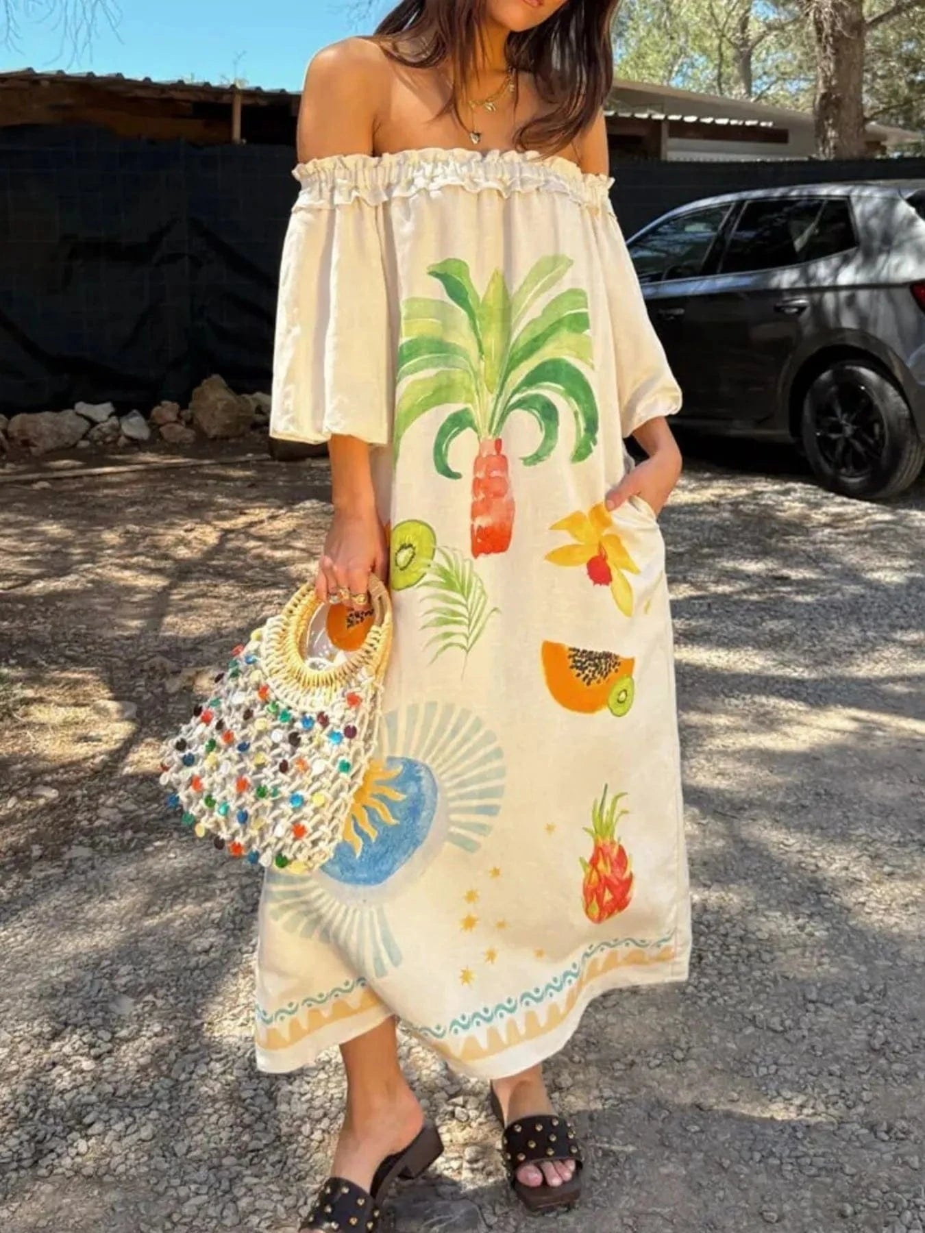 Frill Printed Off - Shoulder Dress - ShalayeFashion