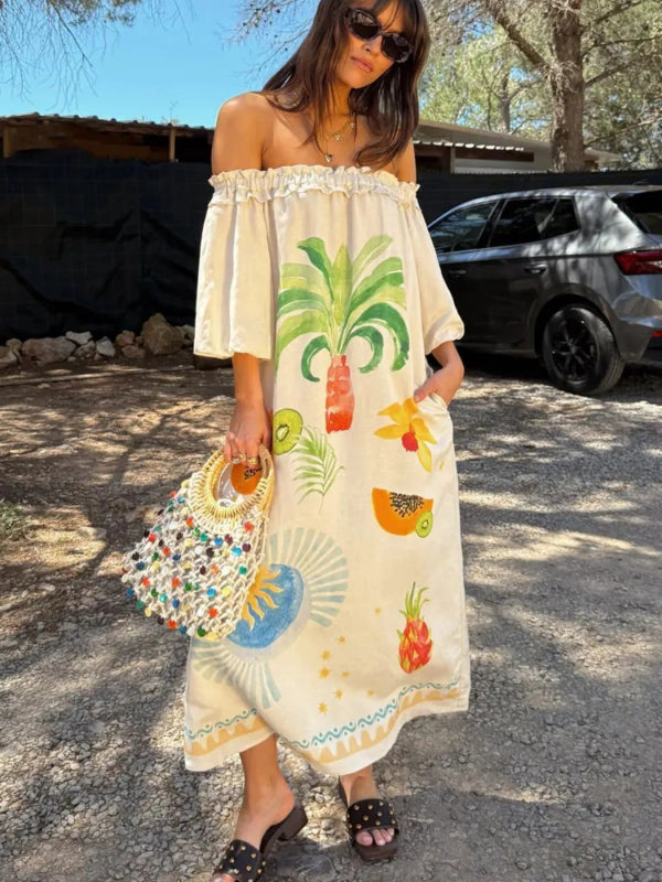 Frill Printed Off - Shoulder Dress - ShalayeFashion